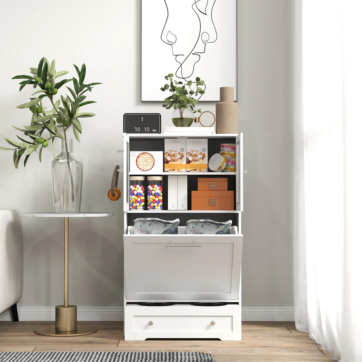 Dog Feeding Station with 2 Cabinets and Retractable Bowl Rack 60x35x100cm MDF Anti Tip White