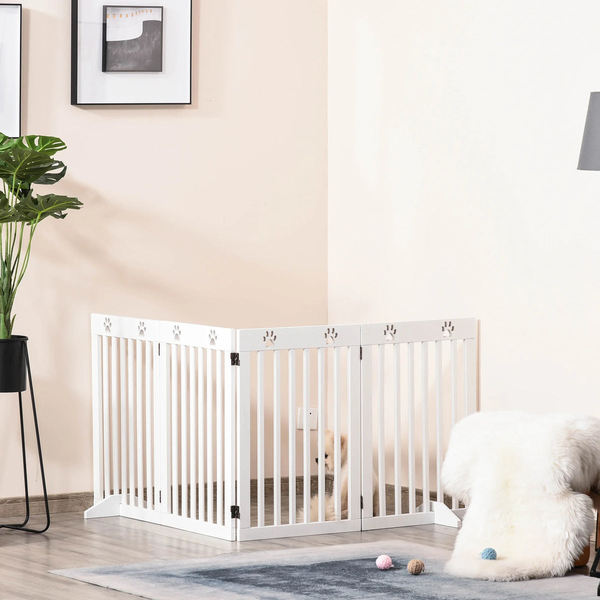 Freestanding Folding Pet Gate, 4-Panel Dog Barrier with Support Feet