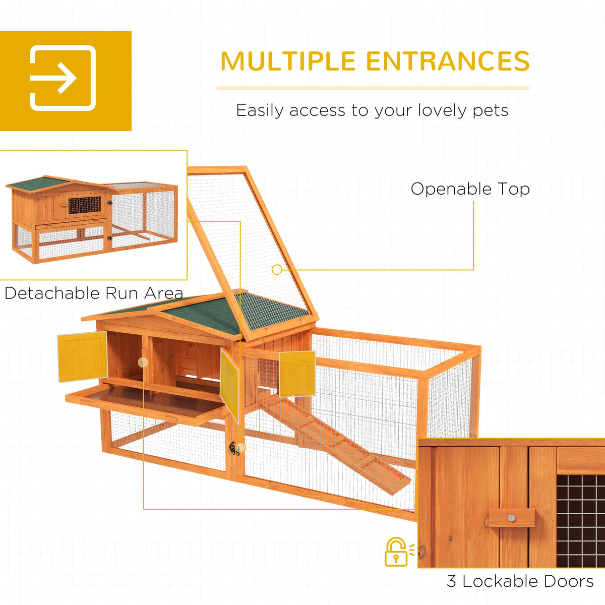Wooden Rabbit Hutch with Detachable Run Feeding Trough Openable Top and Slide Out Tray Guinea Pig Cage
