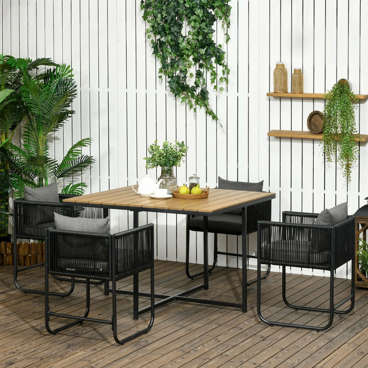 5 Piece Rattan Cube Garden Set 4 Armchairs Square Table Powder Coated Metal Wood Effect Top with Cushions
