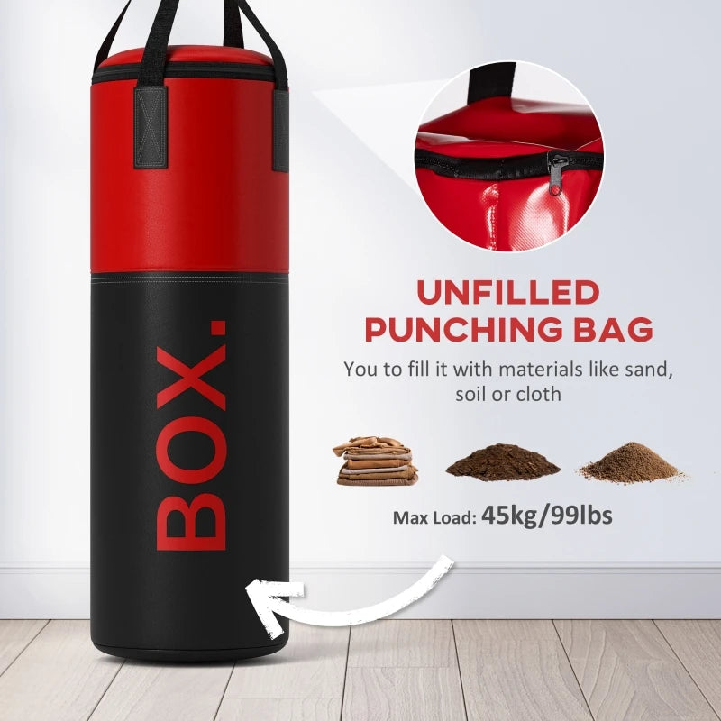 Unfilled Punching Bag Set with Wall Bracket Boxing Gloves Hand Wraps 360° Swivel Hook 90cm for Home Training