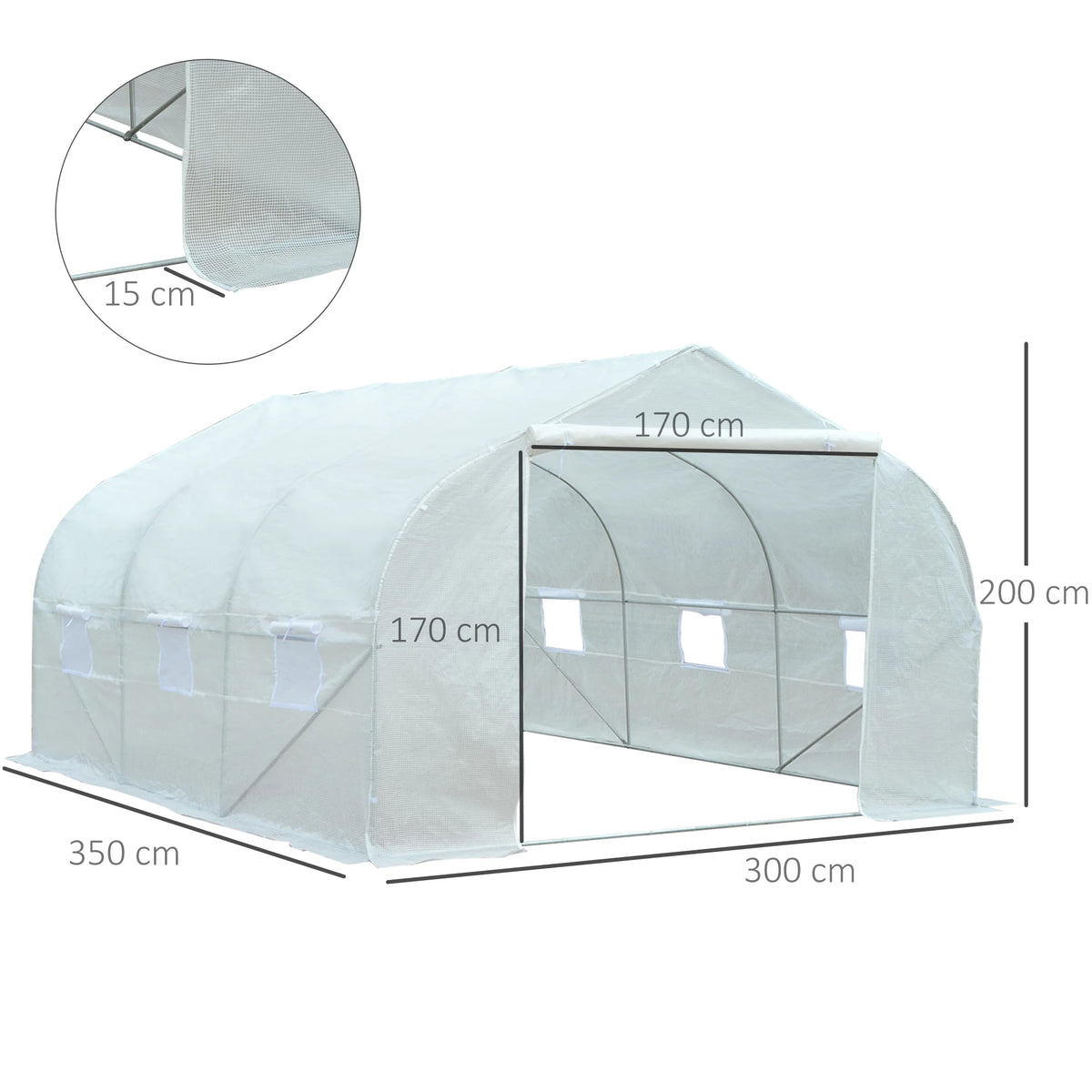 Walk-In Polytunnel Greenhouse with Roll-Up Door and Mesh Windows, 3.5 x 3 x 2m, White