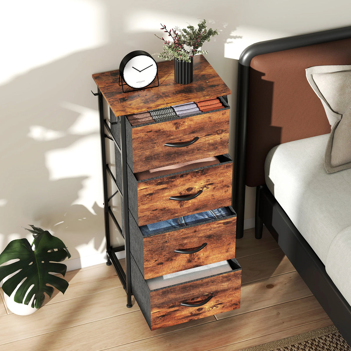 Fabric Chest of 4 Drawers with Side Pockets and Hooks, Rustic Brown and Black