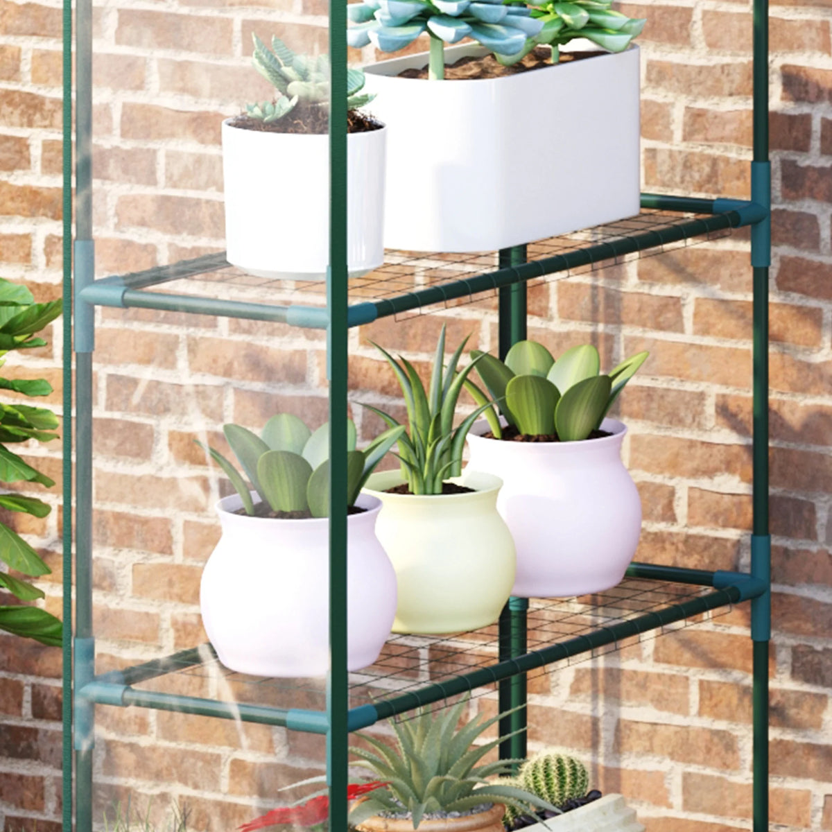 Walk In Greenhouse with 8 Grid Metal Rack Clear PVC Film Cover Steel Pipe Frame Transparent Grow House