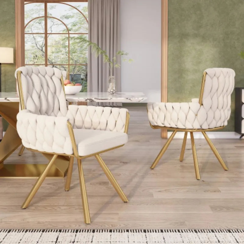 Beige Velvet Swivel Dining Chair with Armrests and Metal Legs | Set of 2 4 or 6 Luxury Leisure Chairs