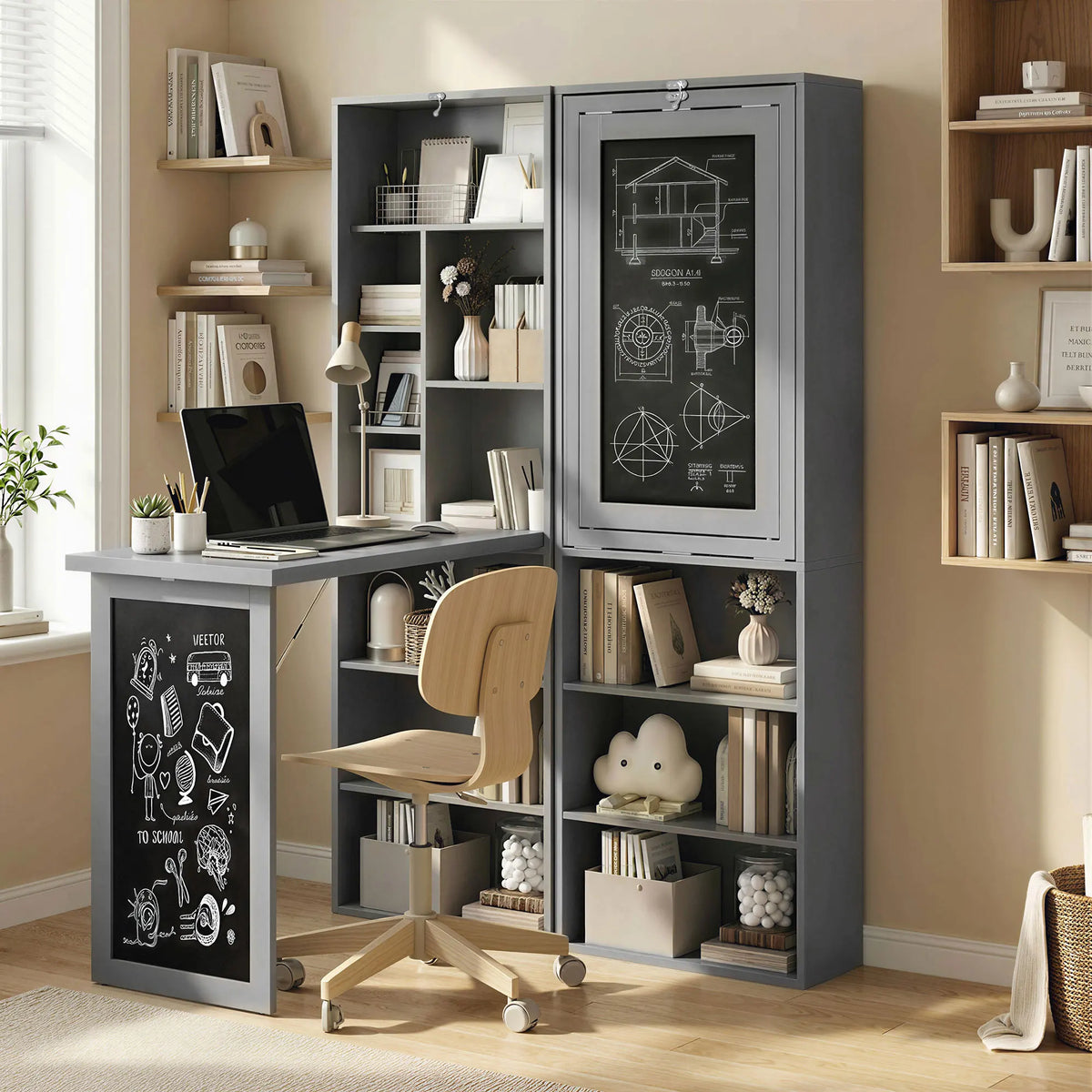Fold-Out Convertible Desk with Bookshelves and Blackboard