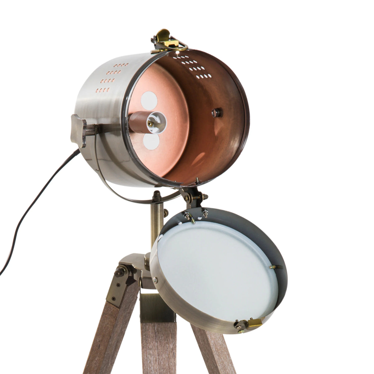 Vintage Tripod Table Desk Lamp Bedside Light Spotlight Copper Finish Wooden Base