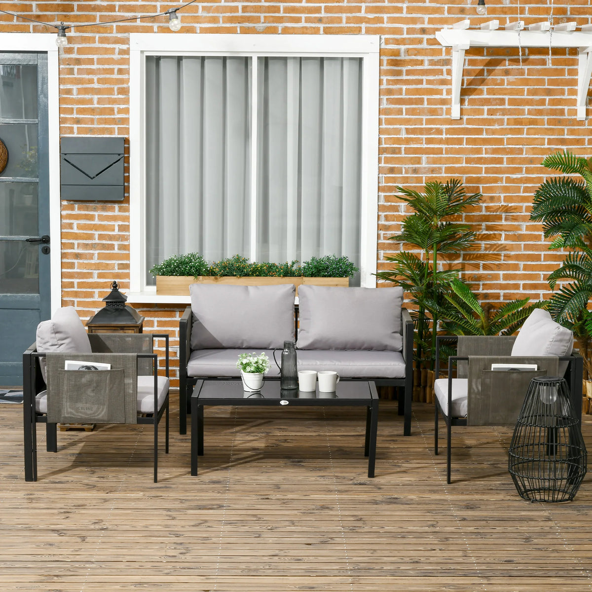 4 Piece Garden Sofa Set with Tempered Glass Coffee Table, Light Grey