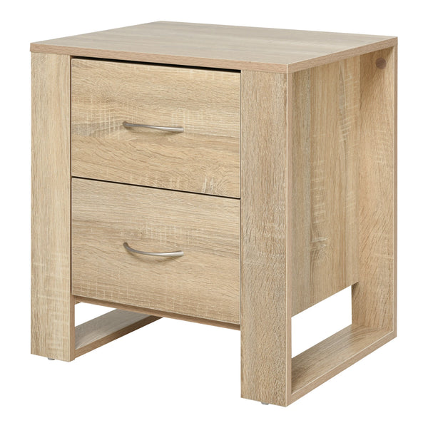 2 Drawer Boxy Bedside Table w/ Handles, Elevated Base, Oak Brown