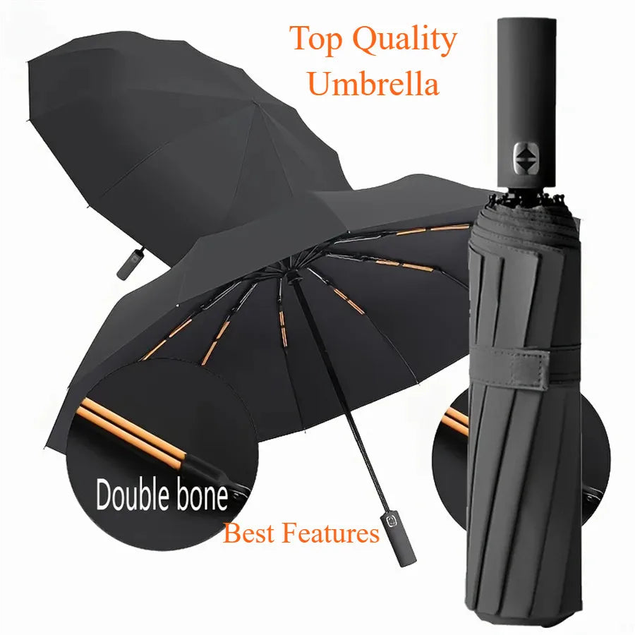 UPF 50+ Automatic Folding Umbrella, Compact Sun and Rain Travel Umbrella, Black