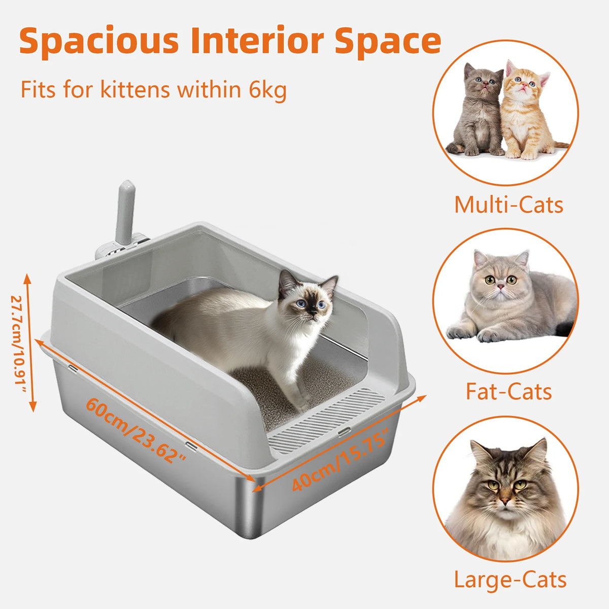 Stainless Steel Large Cat Litter Box Semi-Closed 60x40x27.7cm Odor Proof Scoop Small Medium Kittens