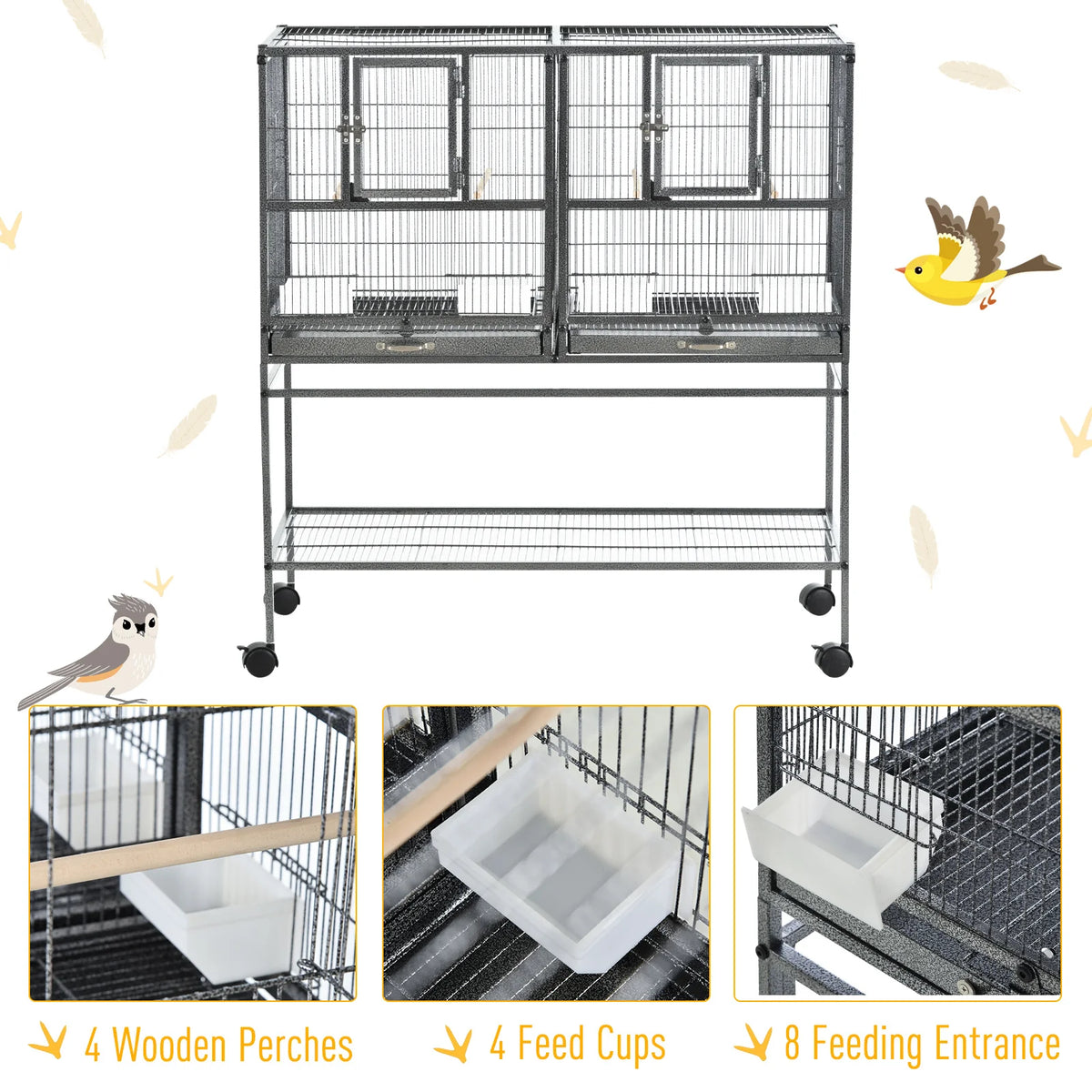 Double Rolling Bird Cage with Removable Divider 2 Metal Trays 4 Wood Perches and Storage Shelf