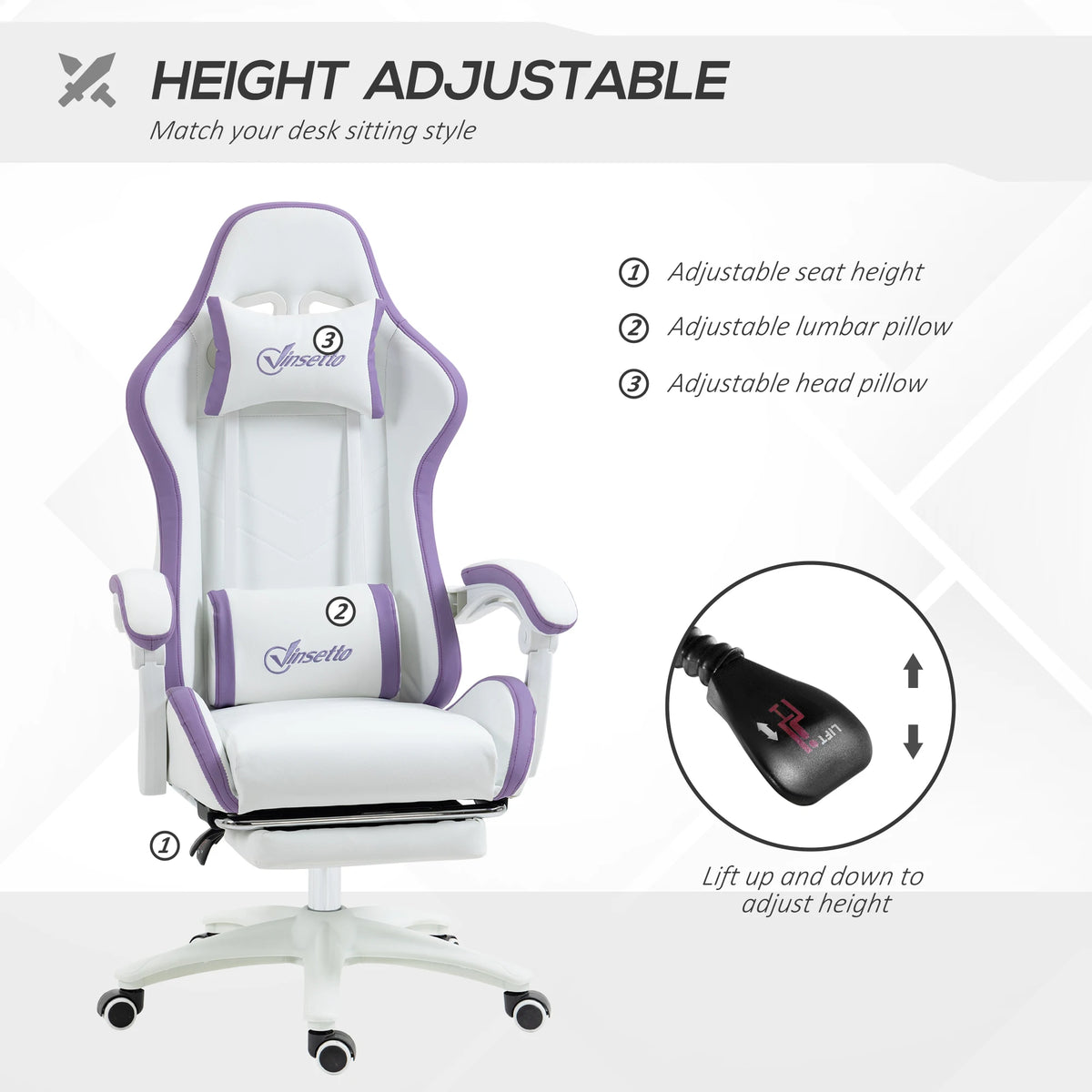 Racing Style Gaming Chair Reclines to 135 Degrees with Pull Out Footrest Head and Lumbar Pillows 45.5-53.5cm
