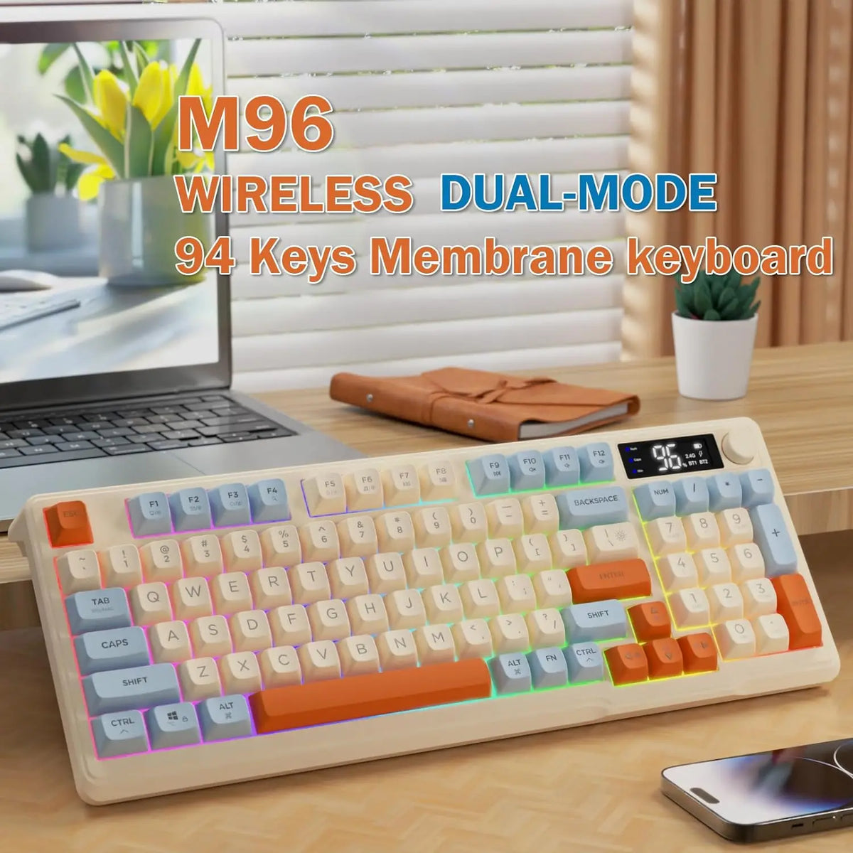 Wireless Gaming Keyboard with Display Screen & Knob – 94 Keys, Bluetooth & 2.4GHz, Quiet Membrane