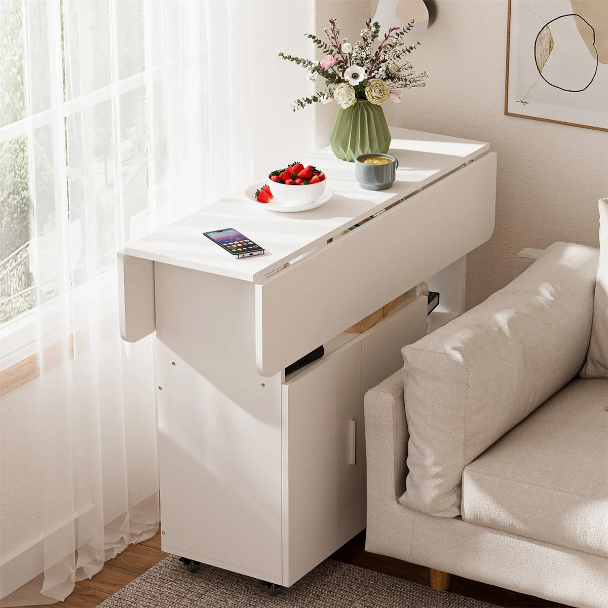 Folding Dining Table on Wheels with Cabinet and Open Shelf | 100cm Mobile Multipurpose Table in White