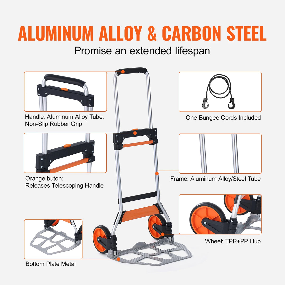 Folding Hand Truck Aluminium Portable Dolly Cart Telescoping Handle Binding Rope for Moving Warehouse