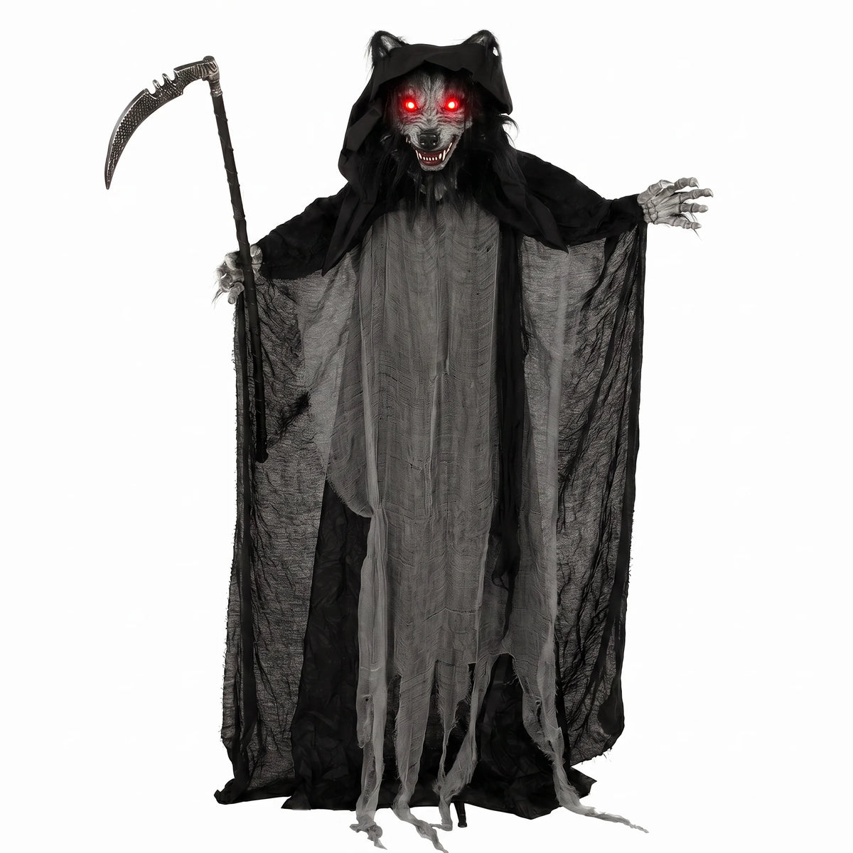 Standing werewolf Halloween prop holding a sickle