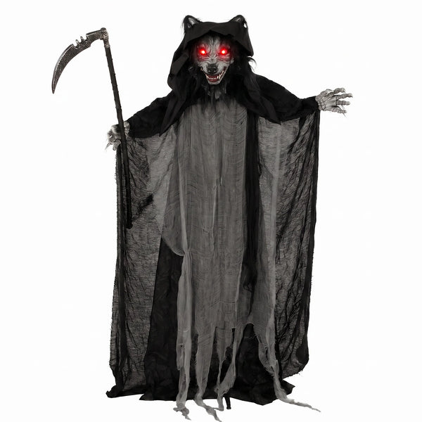 Standing werewolf Halloween prop holding a sickle