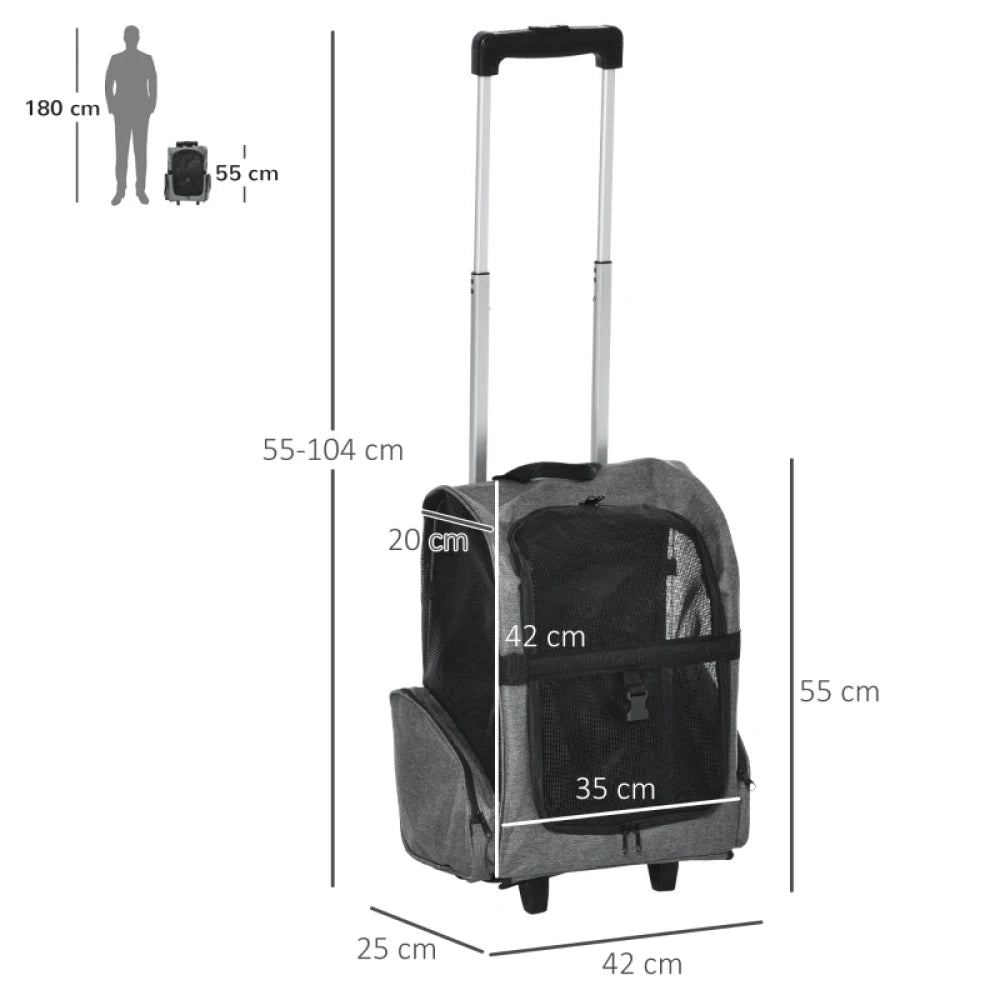 2 in 1 Pet Carrier Backpack with Wheels and Telescopic Handle Travel Trolley for Cats and Small Dogs Grey