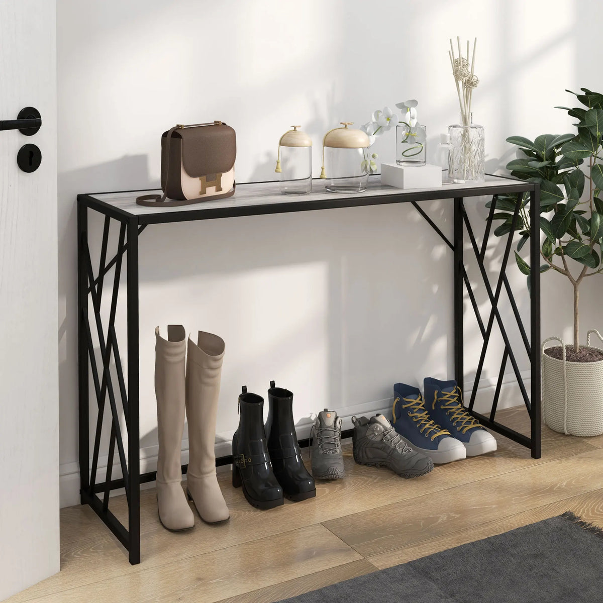 Industrial Console Table with Metal Frame, 120cm, Grey and Black