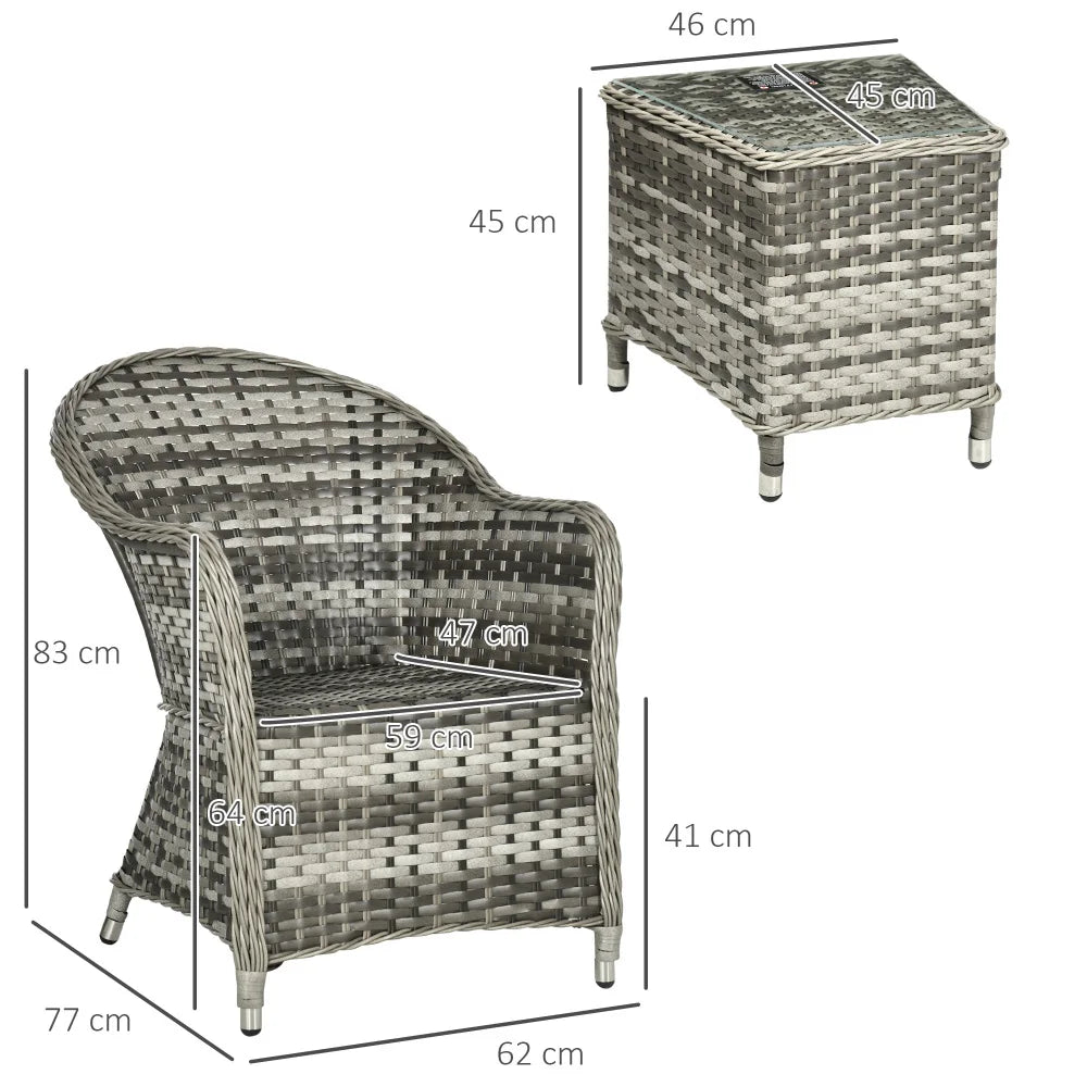 3-Piece Rattan Bistro Set with Glass-Top Table and Chairs, Grey