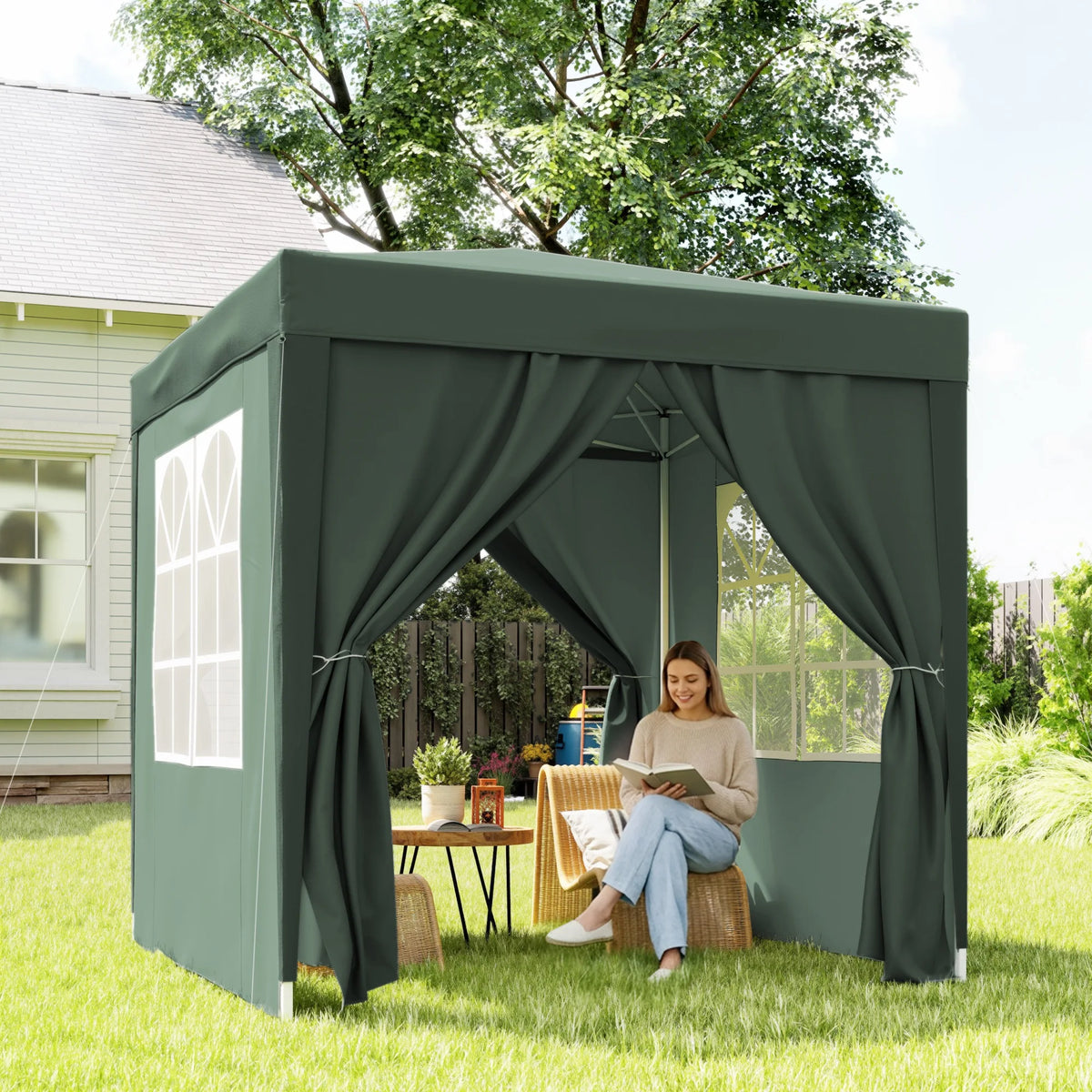 2 x 2m Pop Up Gazebo with Removable Sides and Windows, Green