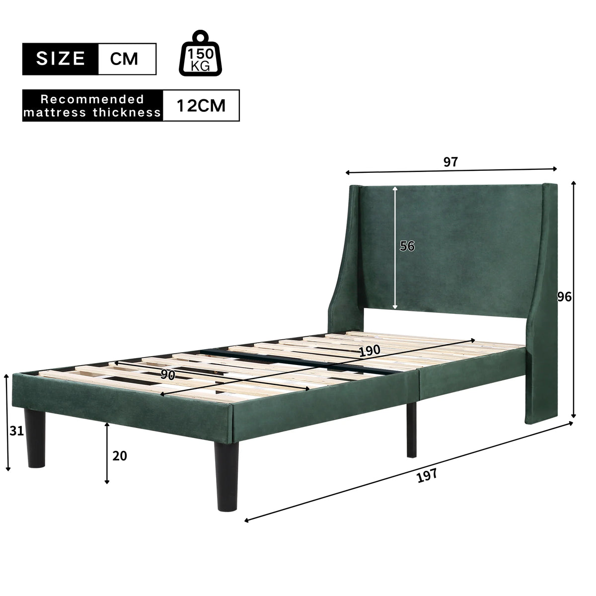 3FT Single Bed with Winged Headboard, Dark Green Velvet Upholstery, Wood Slat Support