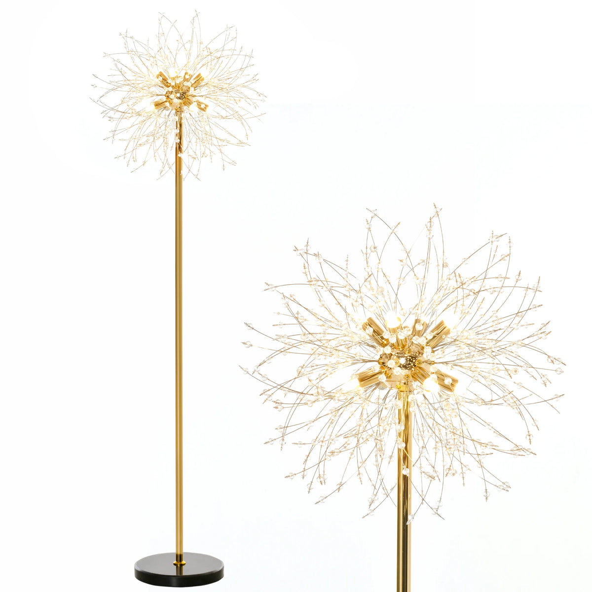 Dandelion Crystal Floor Lamp with Marble Base and Foot Switch, Gold Tone