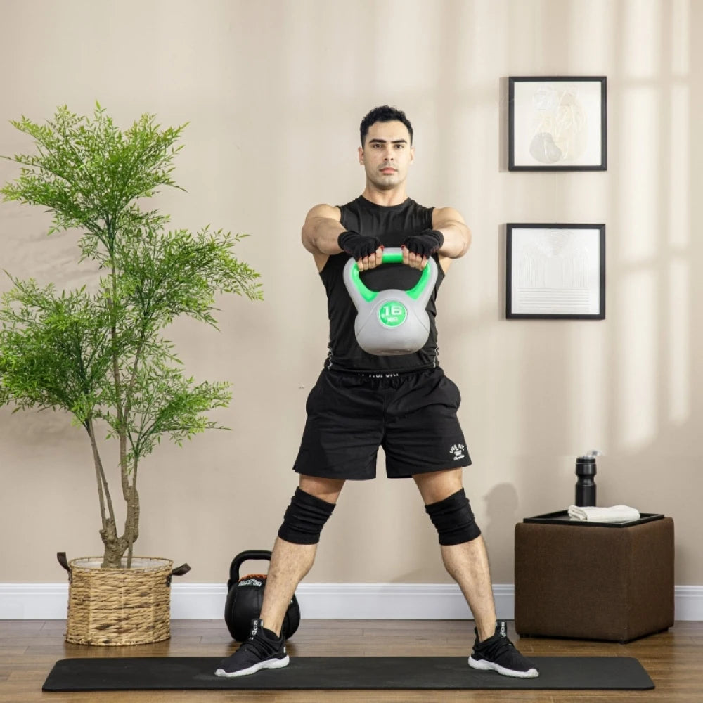 16kg Kettlebell with PU Cover Wide Comfortable Grip and Flat Base for Home Gym Strength Training Green and Grey