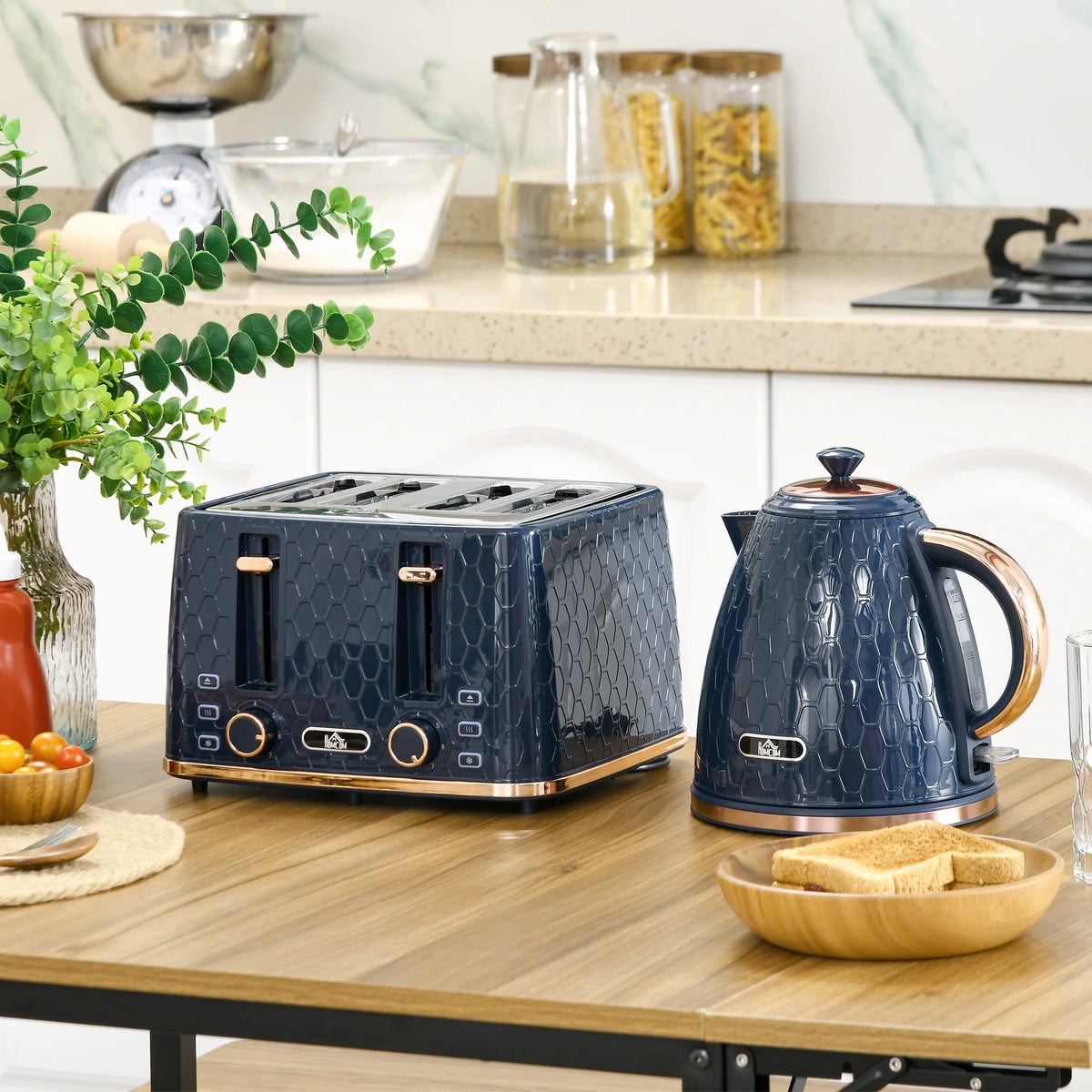 1.7L 3000W Fast Boil Kettle & 4 Slice Toaster Set w/ 7 Browning Controls Blue