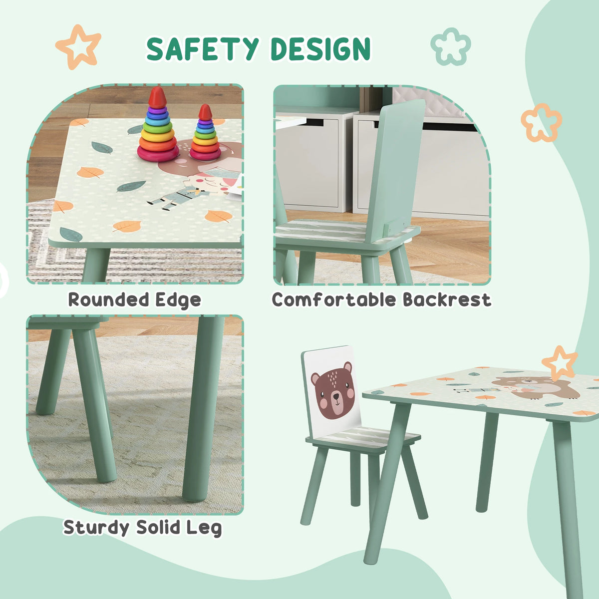 3 Piece Kids Table and Chair Set with 2 Chairs Animal Design Rounded Edges for Ages 3-8 Nursery