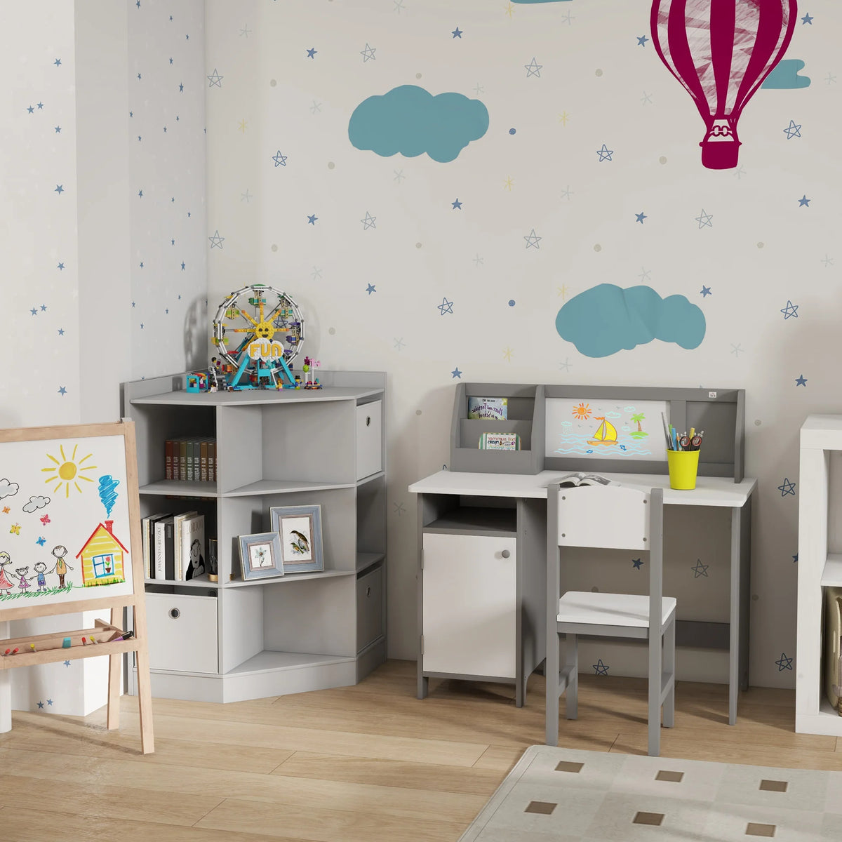 Kids Corner Bookcase 3 Tier with 9 Compartments and 3 Fabric Drawers Anti Tip Device MDF Melamine