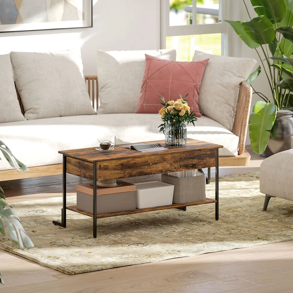 Industrial Lift Top Coffee Table with Storage Shelf, Rustic Brown