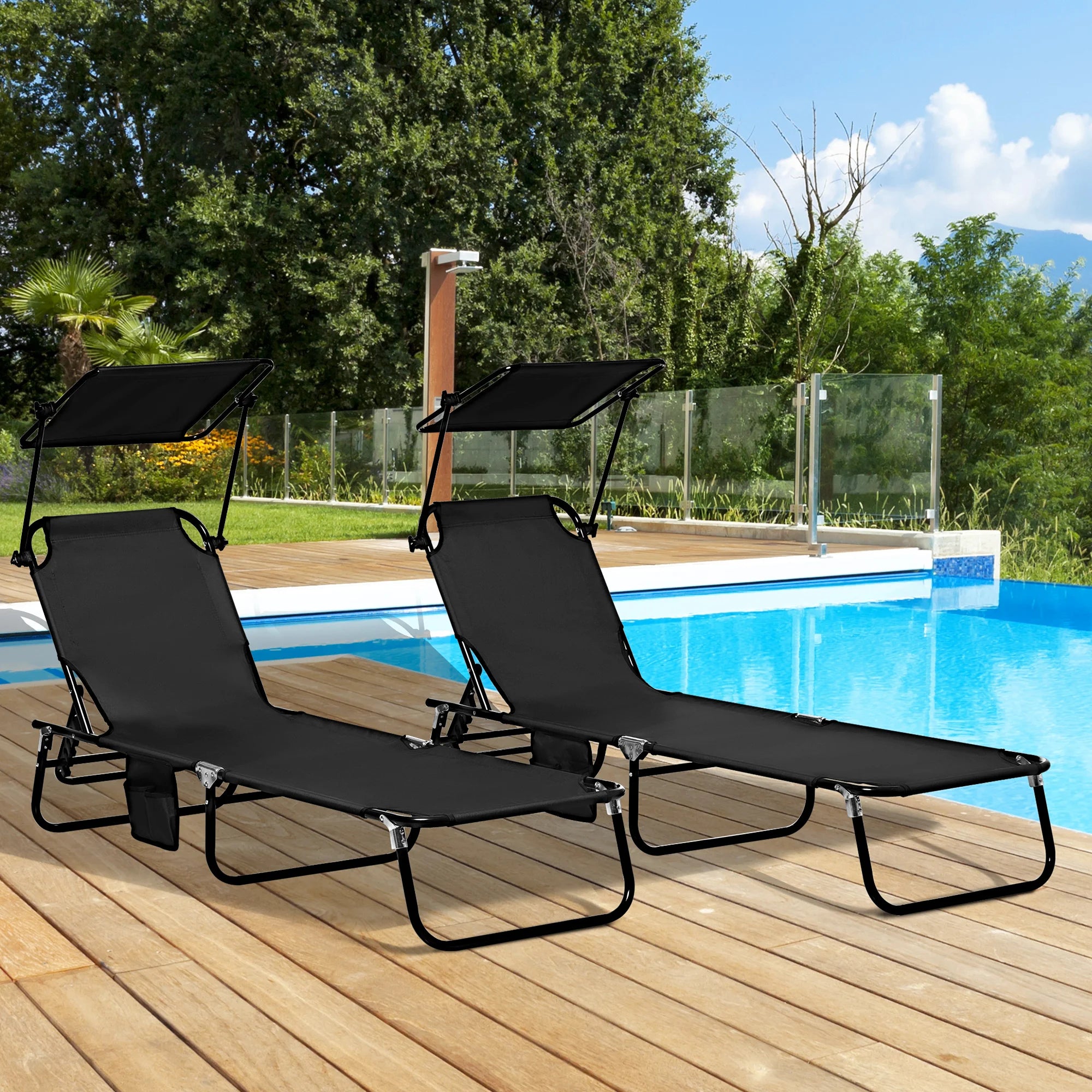 Set of 2 Folding Sun Loungers with Canopy, 5-Position Recline, Side Pocket and Breathable Mesh Fabric