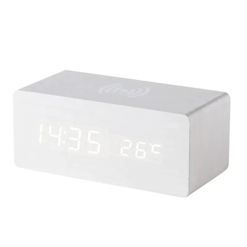 Niditon Wooden LED Alarm Clock with Wireless Charging | Temperature, Date & 3 Alarms