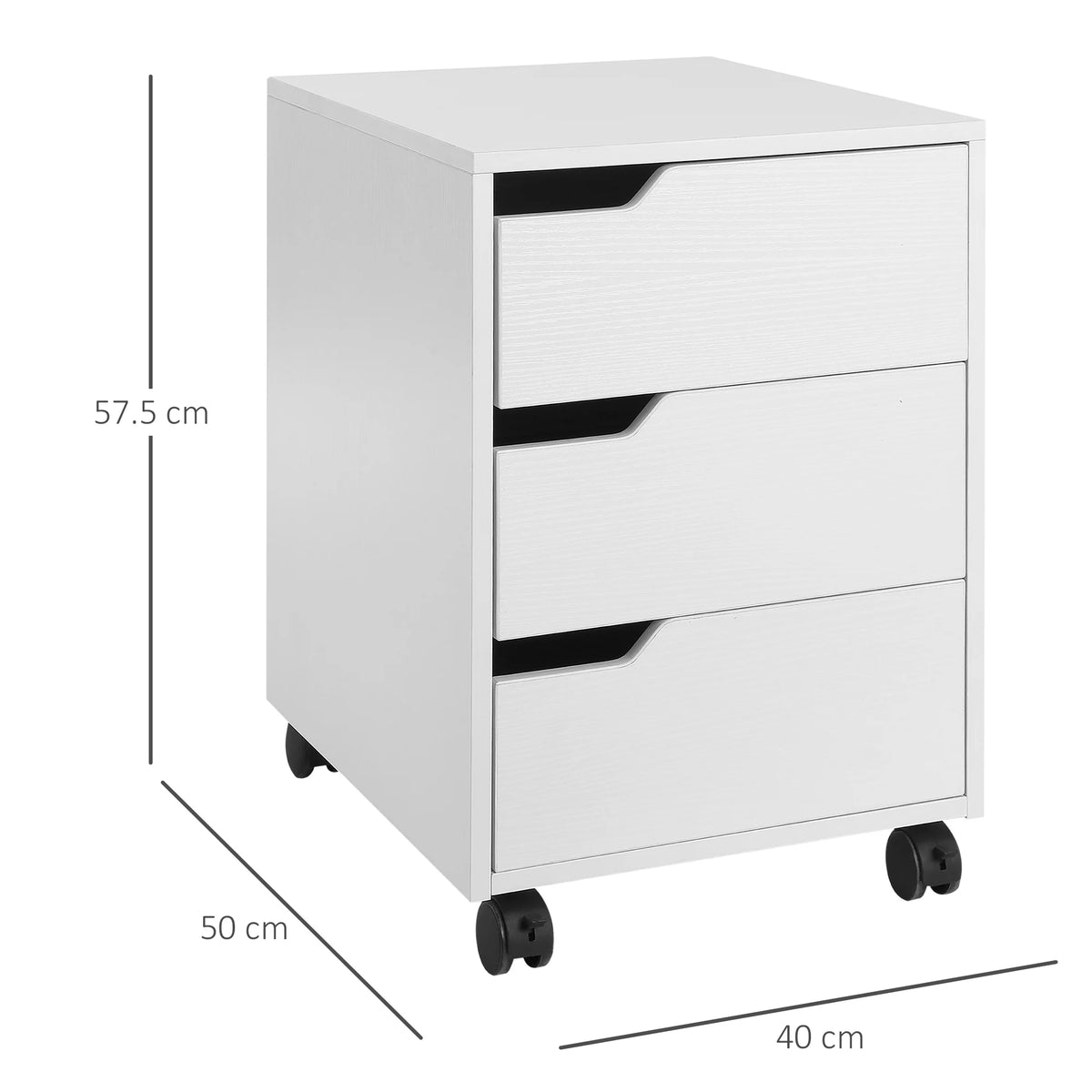 MDF Mobile File Cabinet with 3 Drawers, Locking Wheels, Metal Rails, White