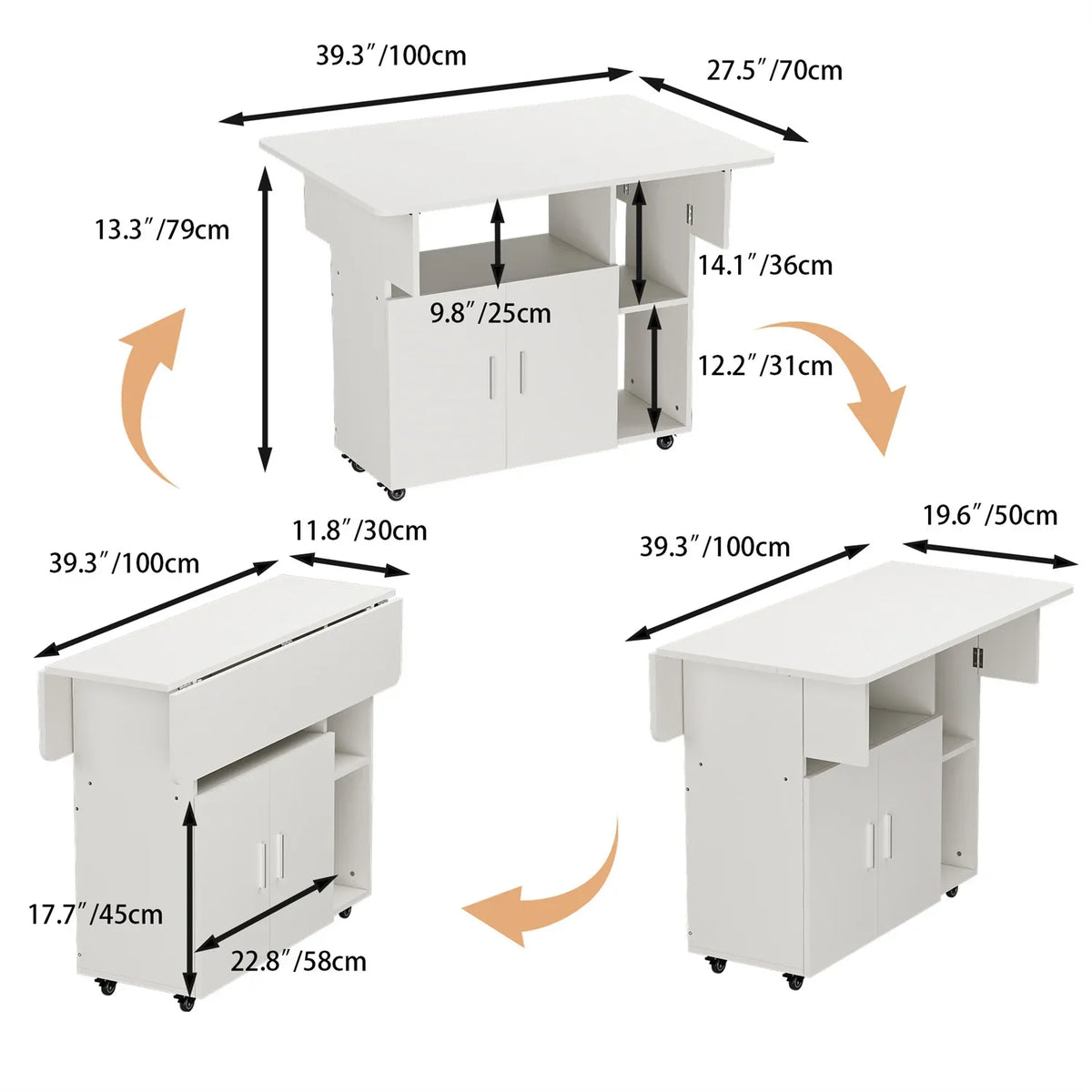 Folding Dining Table on Wheels with Cabinet and Open Shelf | 100cm Mobile Multipurpose Table in White