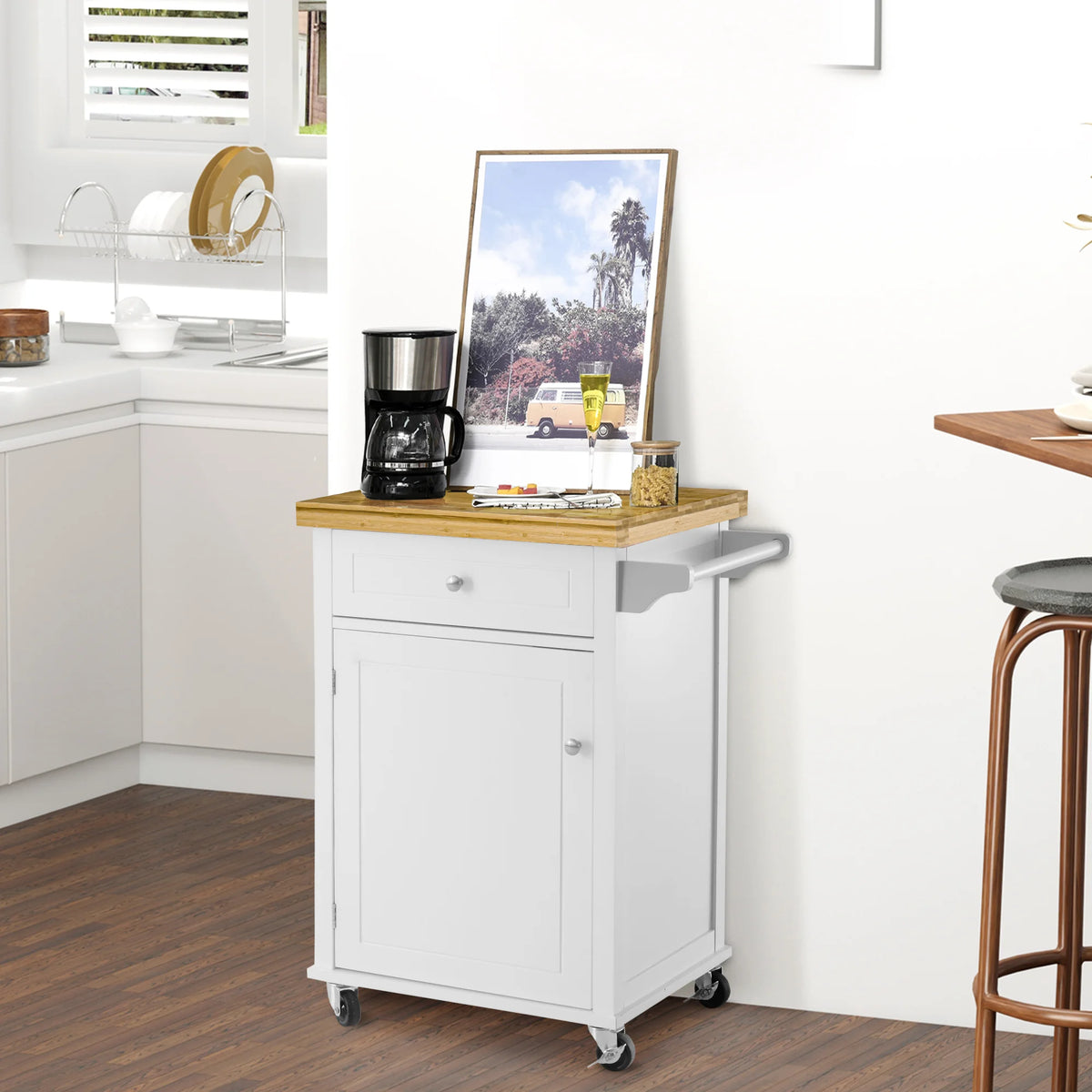 Rolling Kitchen Cart Storage Trolley with Drawer & Towel Rail, White