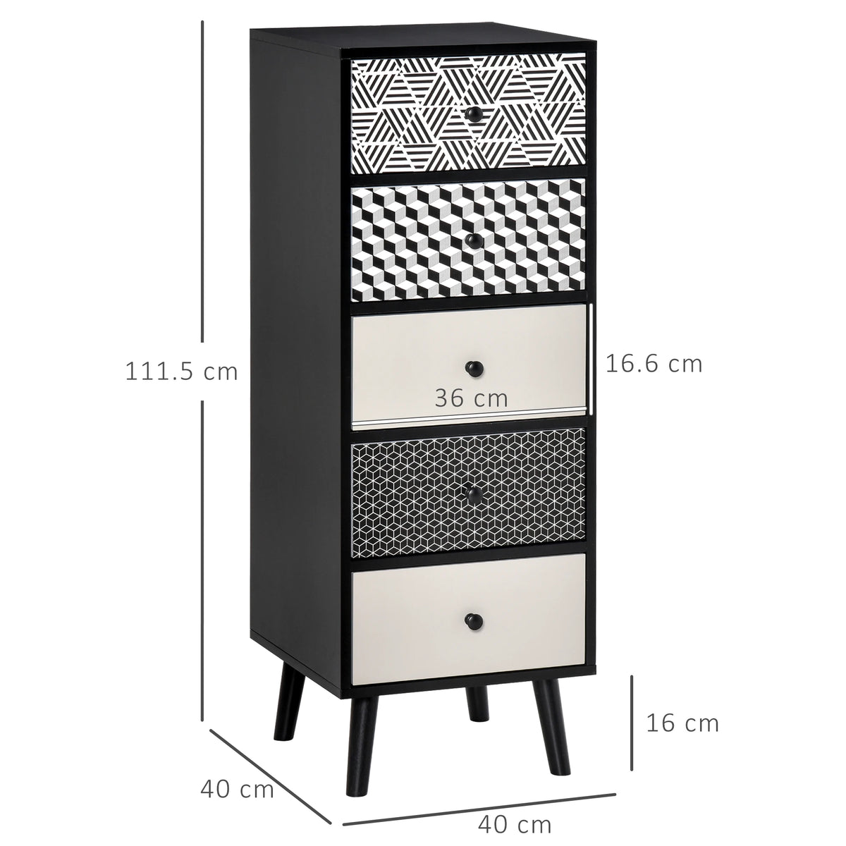 5 Drawer Chest of Drawers, Black Bedroom Storage Unit
