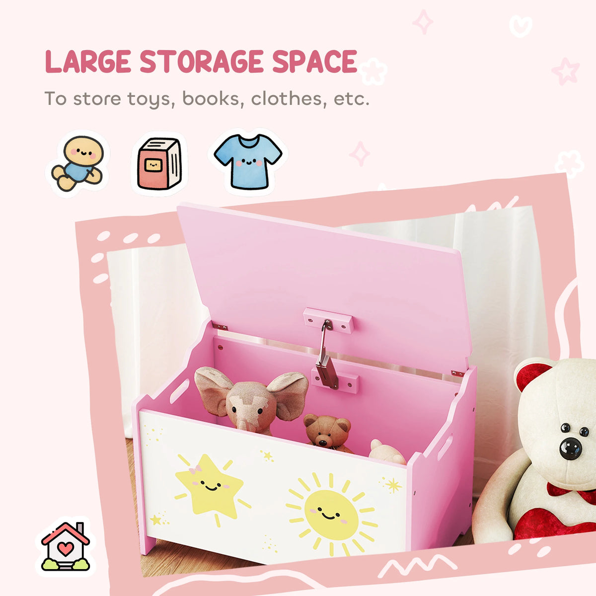 Kids Toy Box with Lid and Safety Hinges 60x37x39cm MDF Storage Chest 20kg Capacity Pink