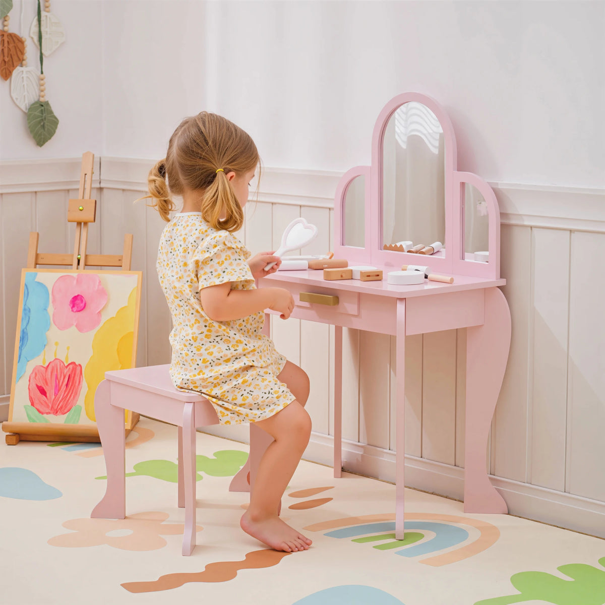 Kids Dressing Table and Stool with 3 Mirrors Drawer Pine Handles MDF Rounded Edges Ages 3-6 Pink