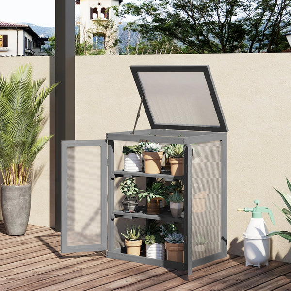 Wooden Cold Frame Mini Greenhouse with Polycarbonate Panels and 2 Shelves, Dark Grey