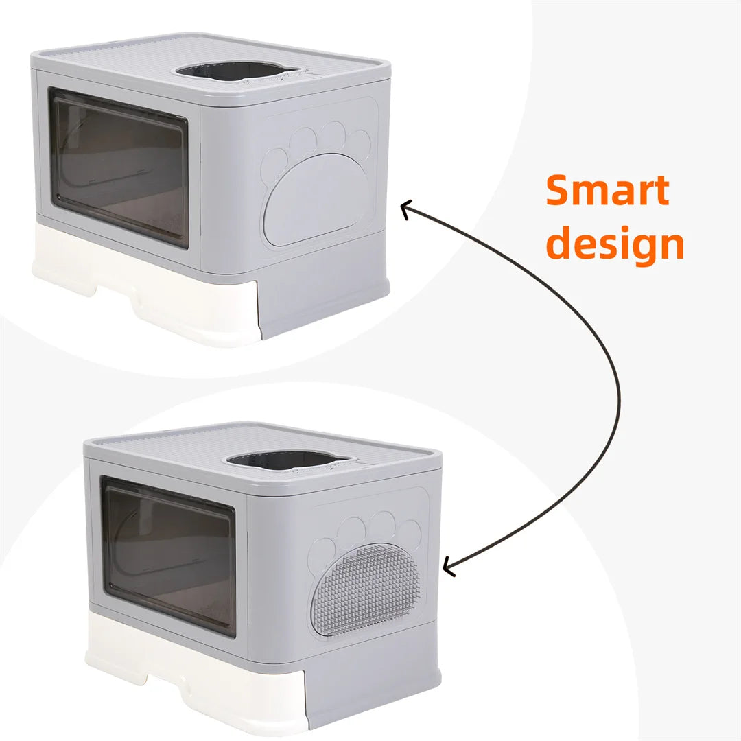 Enclosed Cat Litter Box Foldable 50x38x37cm Front Entry Top Exit Drawer Massager Scoop Grey White