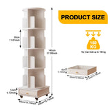 360° Rotating Bookshelf with 4 Tiers and Bottom Drawer | 145cm White Floor Standing Storage Shelf on Wheels