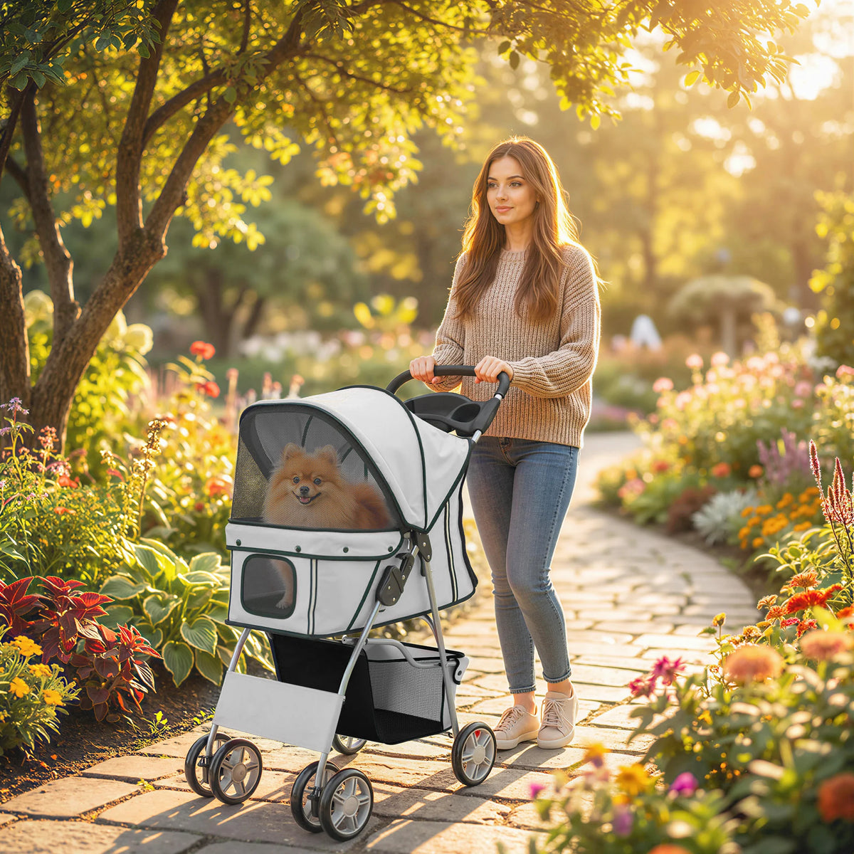 Pet Stroller Carrier Foldable Deluxe Walk Travel Dog, Grey