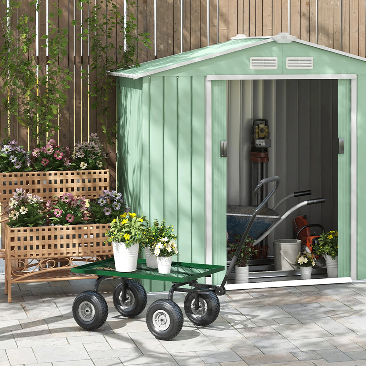Garden Trolley Cart with Pneumatic Wheels and Padded Handle, 150kg, Green