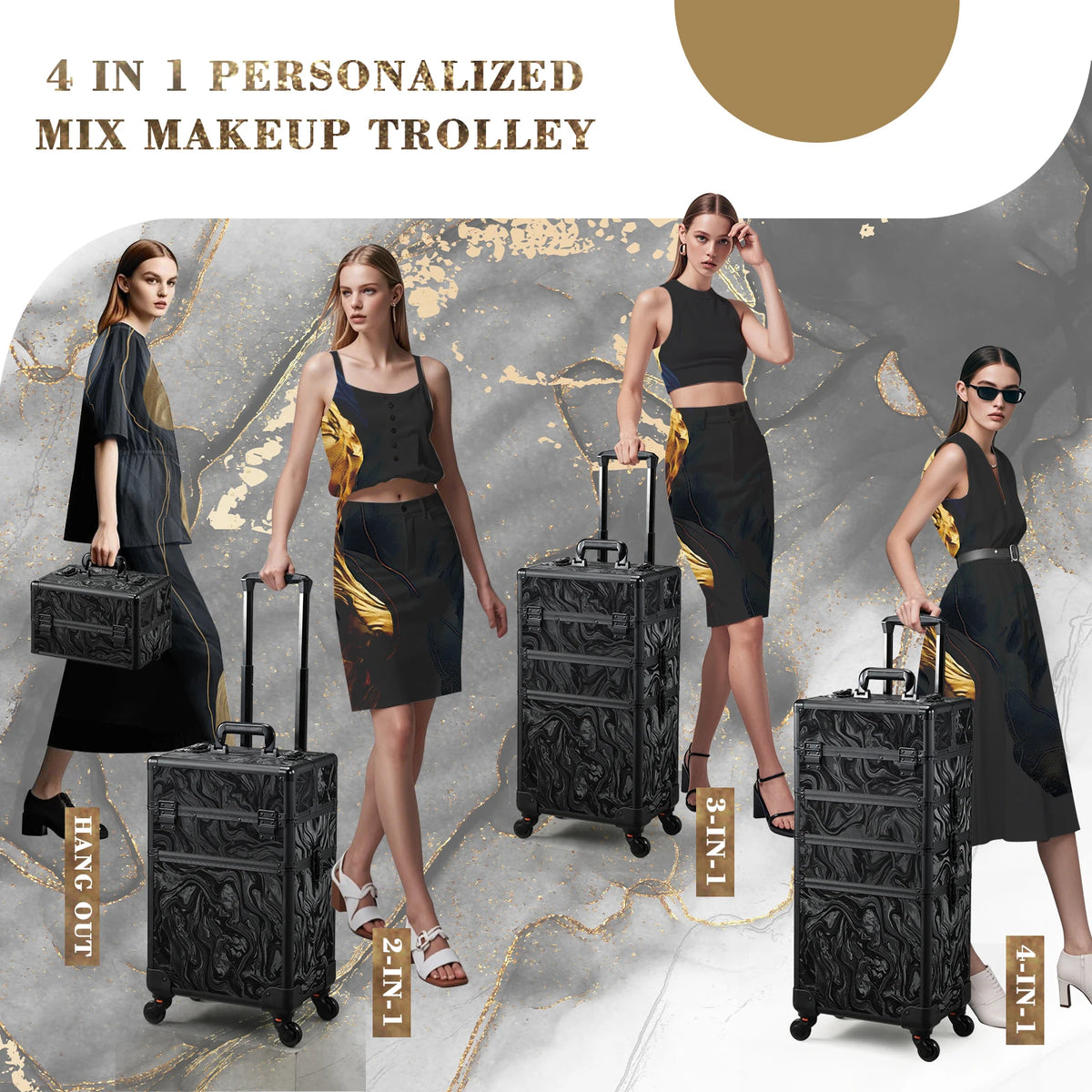 4 in 1 Rolling Makeup Train Case on Wheels with 4 Trays 36-55L PVC Cosmetology Trolley for Nails and Tattoo