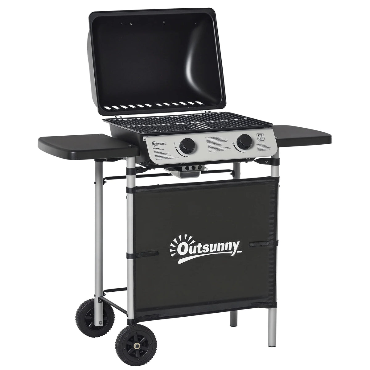 2 Burner Propane Gas BBQ Grill 5.6kW with Folding Side Shelves and Wheels
