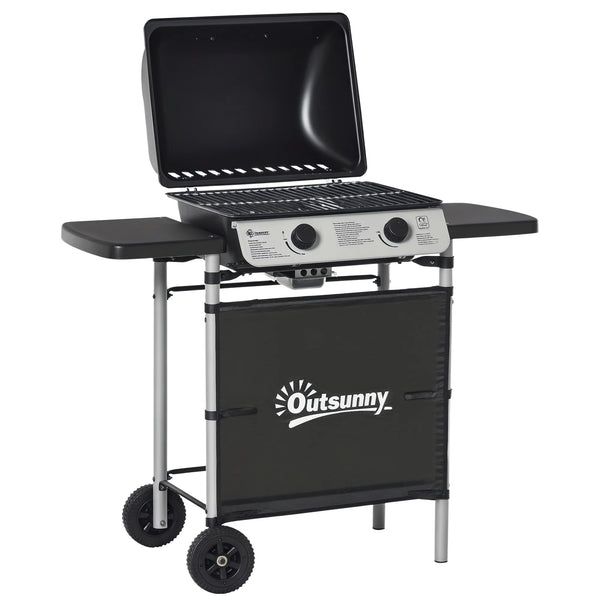 2 Burner Propane Gas BBQ Grill 5.6kW with Folding Side Shelves and Wheels