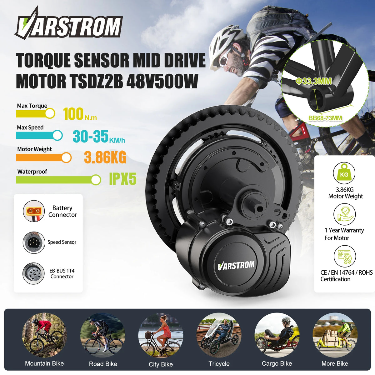 TSDZ2B, TSDZ8 and TSDZ16 Mid-Drive E-Bike Conversion Kit with Torque Sensor, 250W to 1000W, for 68–73mm BB